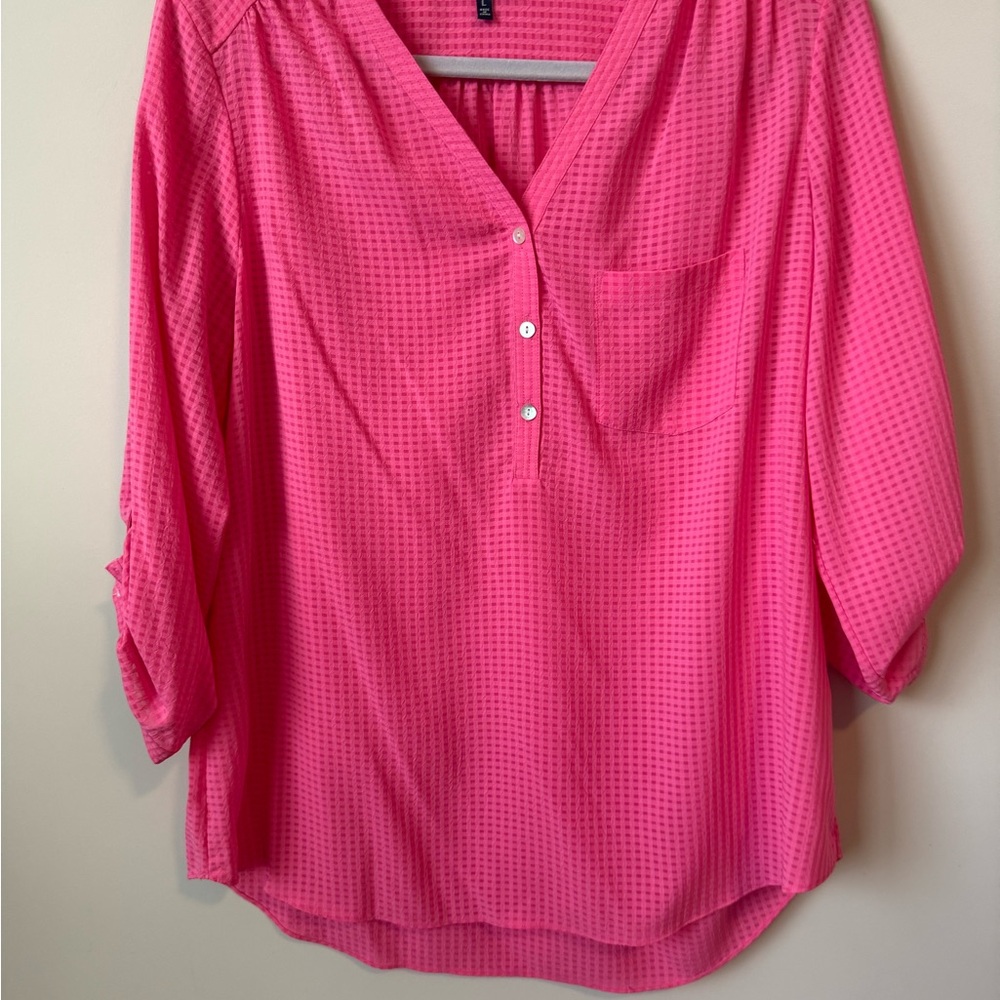 Kaari Blue Bright Pink V-Neck Blouse